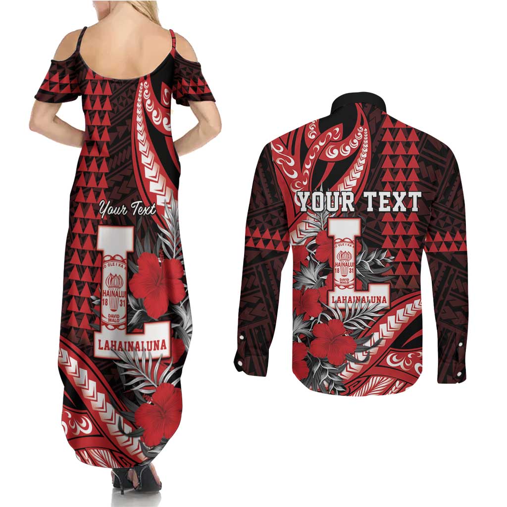 Personalized Hawaii Lahainaluna High School Couples Matching Summer Maxi Dress and Long Sleeve Button Shirt Tribal Tattoo With Hibiscus Flowers LT05 - Polynesian Pride