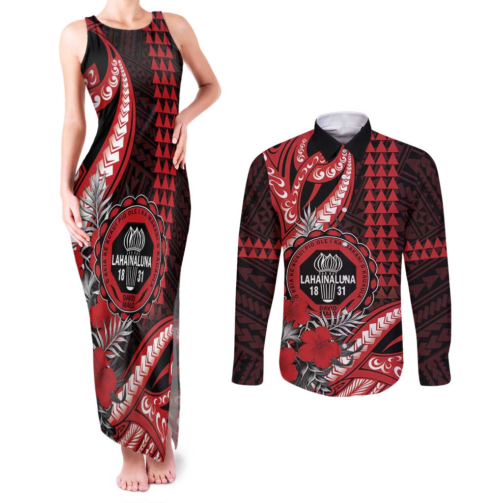 Personalized Hawaii Lahainaluna High School Couples Matching Tank Maxi Dress and Long Sleeve Button Shirt Tribal Tattoo With Hibiscus Flowers