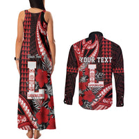 Personalized Hawaii Lahainaluna High School Couples Matching Tank Maxi Dress and Long Sleeve Button Shirt Tribal Tattoo With Hibiscus Flowers LT05 - Polynesian Pride