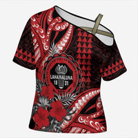 Personalized Hawaii Lahainaluna High School Cross Shoulder Shirt Tribal Tattoo With Hibiscus Flowers LT05 Female Red - Polynesian Pride