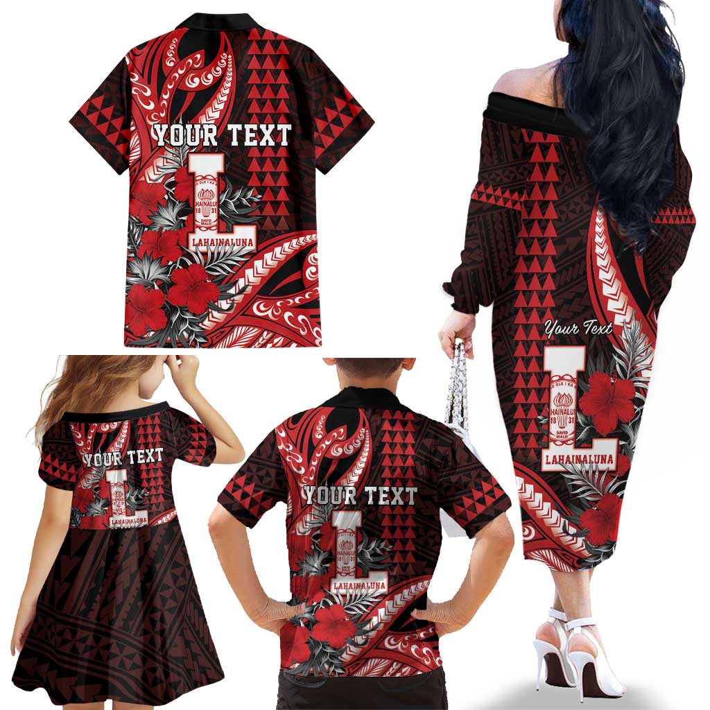 Personalized Hawaii Lahainaluna High School Family Matching Off The Shoulder Long Sleeve Dress and Hawaiian Shirt Tribal Tattoo With Hibiscus Flowers LT05 - Polynesian Pride