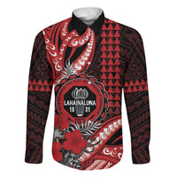Personalized Hawaii Lahainaluna High School Family Matching Off The Shoulder Long Sleeve Dress and Hawaiian Shirt Tribal Tattoo With Hibiscus Flowers LT05 Dad's Shirt - Long Sleeve Red - Polynesian Pride