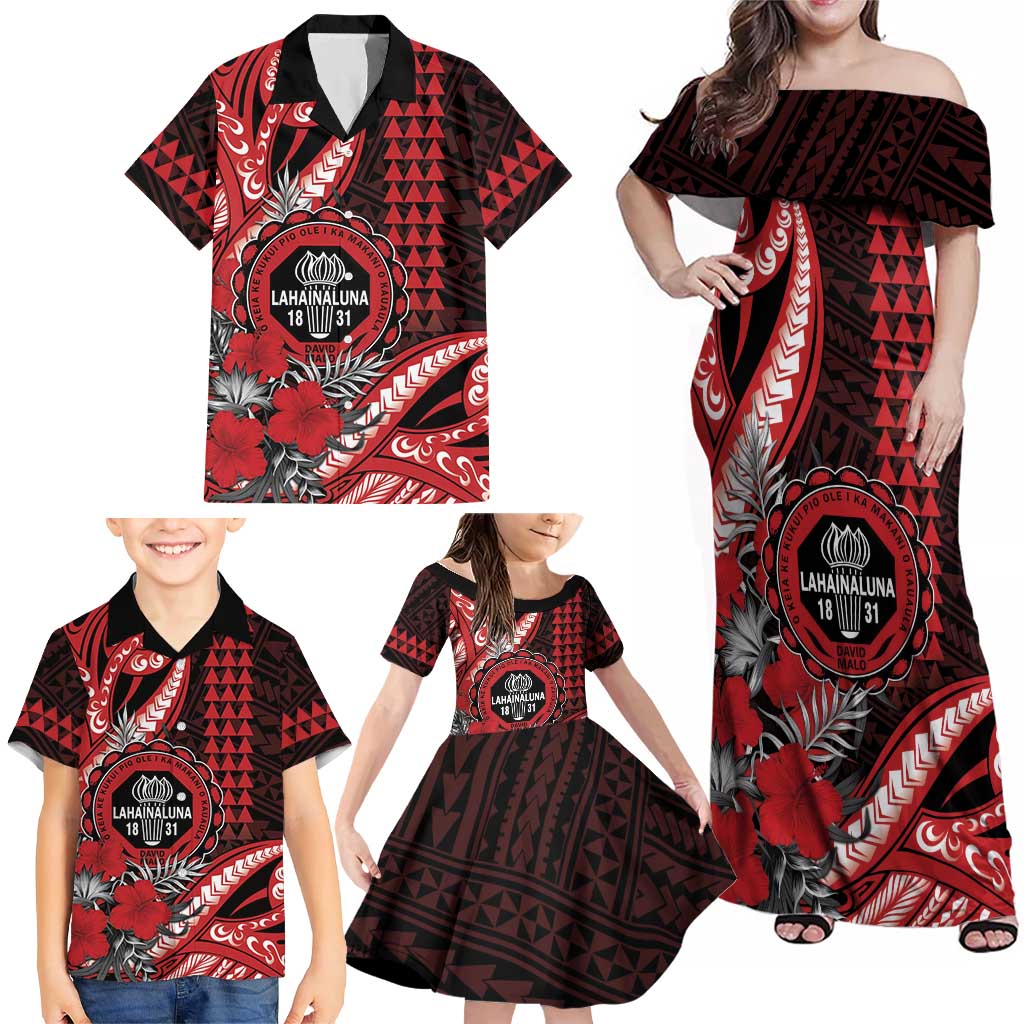 Personalized Hawaii Lahainaluna High School Family Matching Off Shoulder Maxi Dress and Hawaiian Shirt Tribal Tattoo With Hibiscus Flowers LT05 - Polynesian Pride