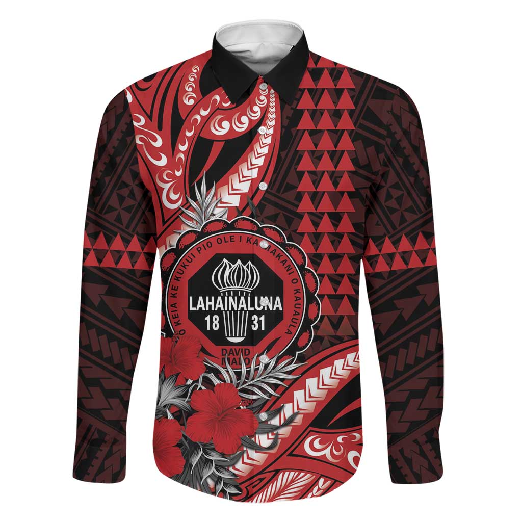 Personalized Hawaii Lahainaluna High School Family Matching Off Shoulder Maxi Dress and Hawaiian Shirt Tribal Tattoo With Hibiscus Flowers LT05 Dad's Shirt - Long Sleeve Red - Polynesian Pride