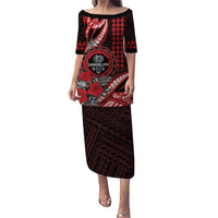 Personalized Hawaii Lahainaluna High School Family Matching Puletasi and Hawaiian Shirt Tribal Tattoo With Hibiscus Flowers LT05 Mom's Dress Red - Polynesian Pride