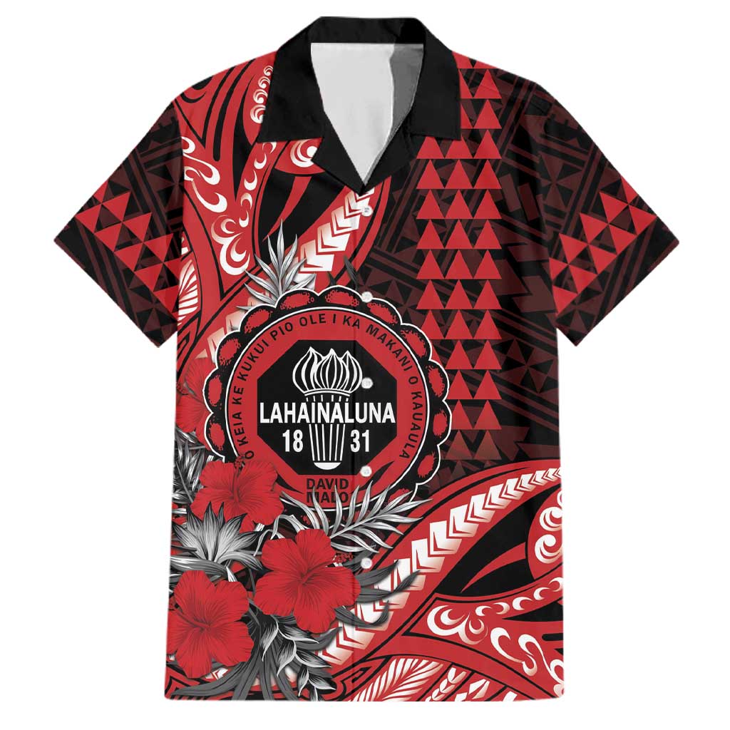 Personalized Hawaii Lahainaluna High School Family Matching Short Sleeve Bodycon Dress and Hawaiian Shirt Tribal Tattoo With Hibiscus Flowers LT05 Dad's Shirt - Short Sleeve Red - Polynesian Pride