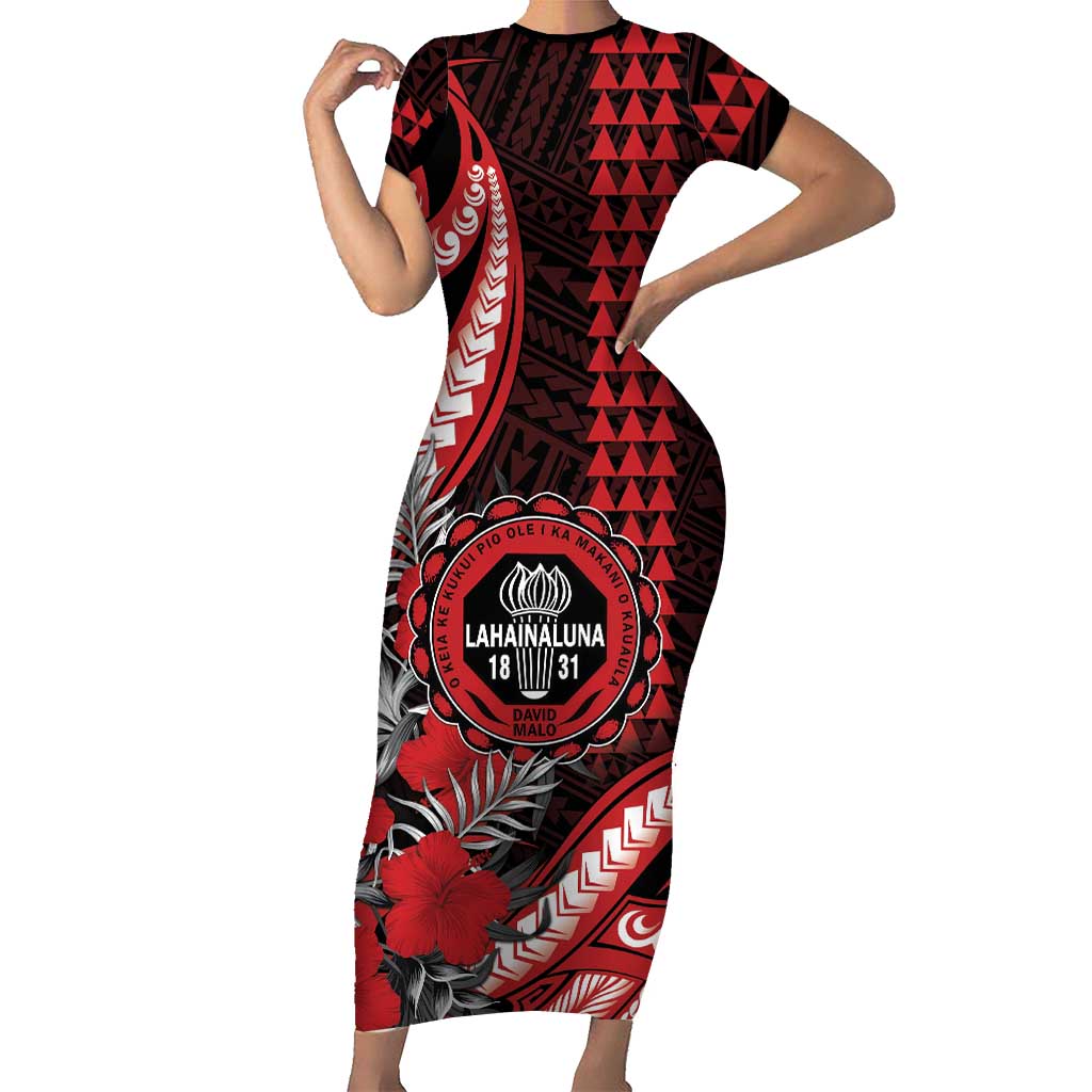 Personalized Hawaii Lahainaluna High School Family Matching Short Sleeve Bodycon Dress and Hawaiian Shirt Tribal Tattoo With Hibiscus Flowers LT05 Mom's Dress Red - Polynesian Pride
