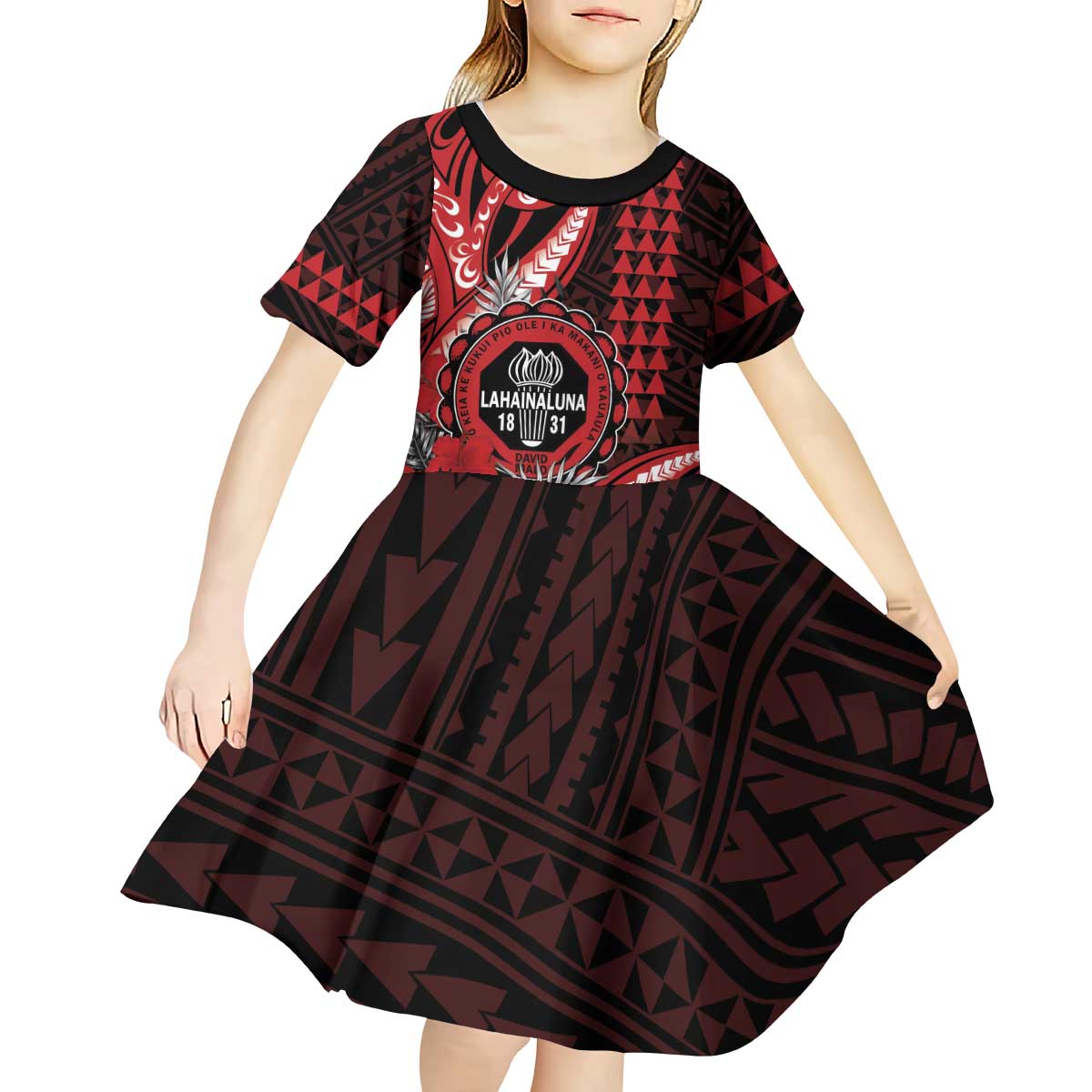 Personalized Hawaii Lahainaluna High School Kid Short Sleeve Dress Tribal Tattoo With Hibiscus Flowers LT05 - Polynesian Pride