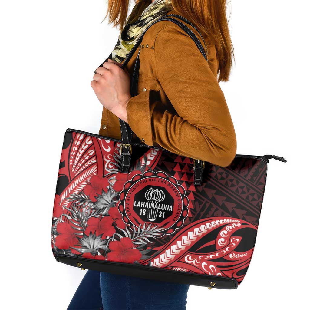 Hawaii Lahainaluna High School Leather Tote Bag Tribal Tattoo With Hibiscus Flowers LT05 Red - Polynesian Pride