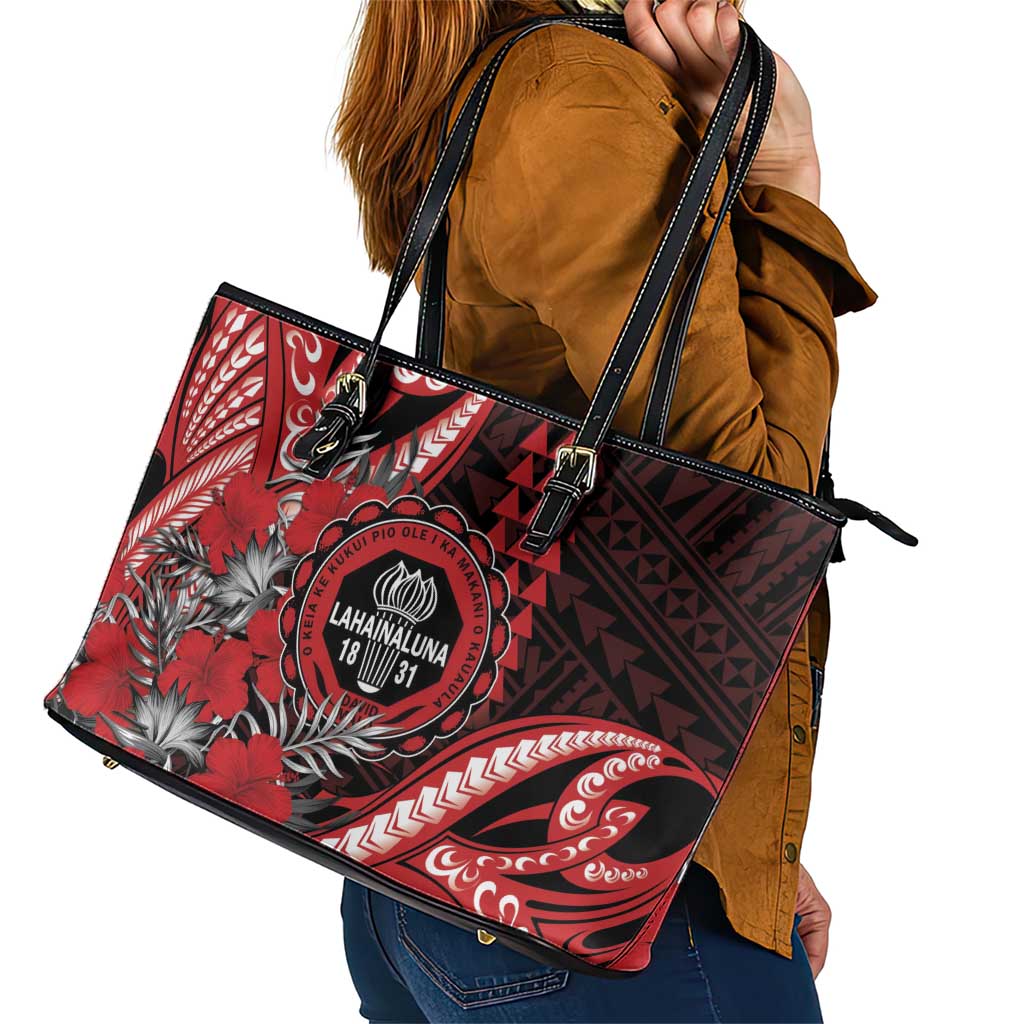 Hawaii Lahainaluna High School Leather Tote Bag Tribal Tattoo With Hibiscus Flowers LT05 - Polynesian Pride