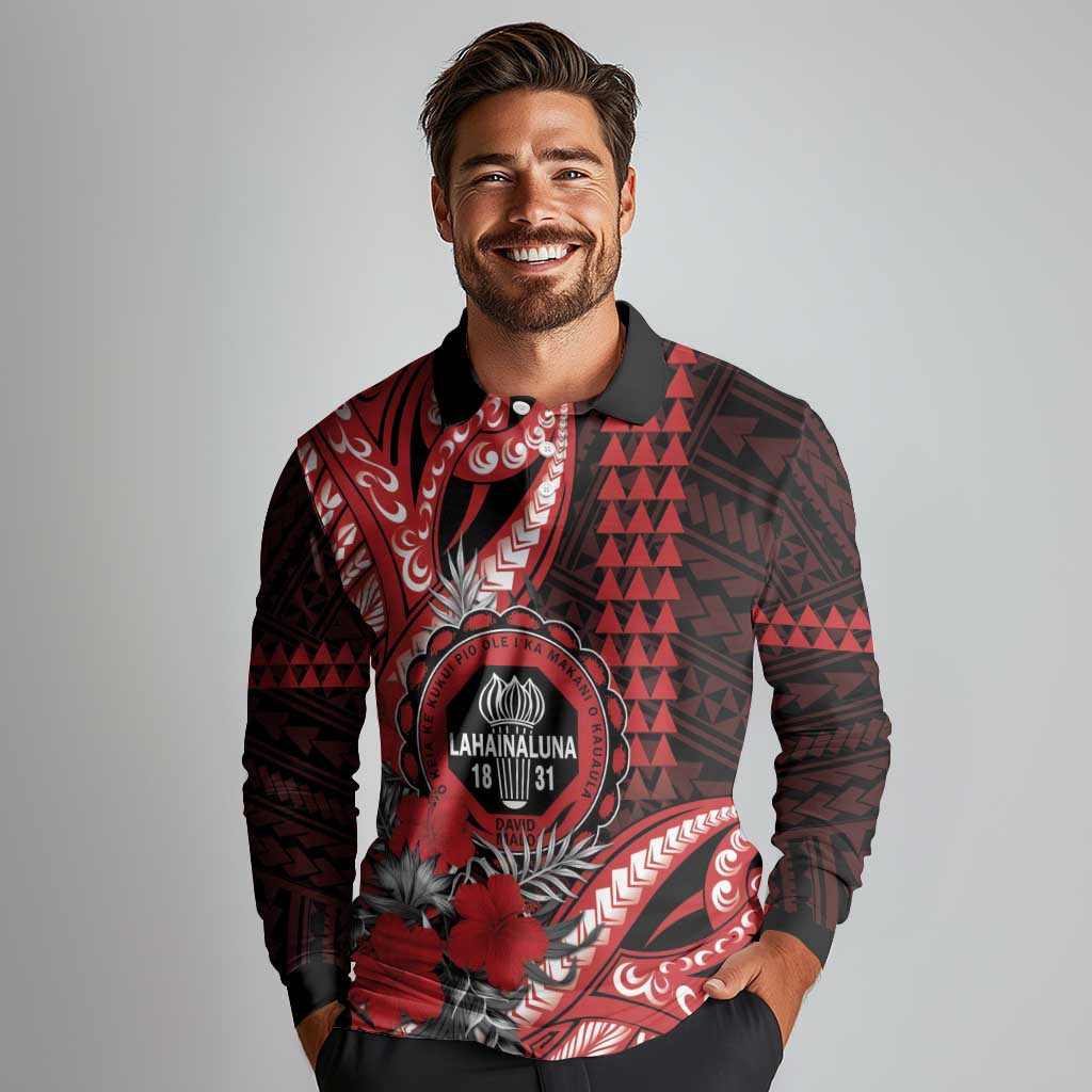 Personalized Hawaii Lahainaluna High School Long Sleeve Polo Shirt Tribal Tattoo With Hibiscus Flowers LT05 - Polynesian Pride
