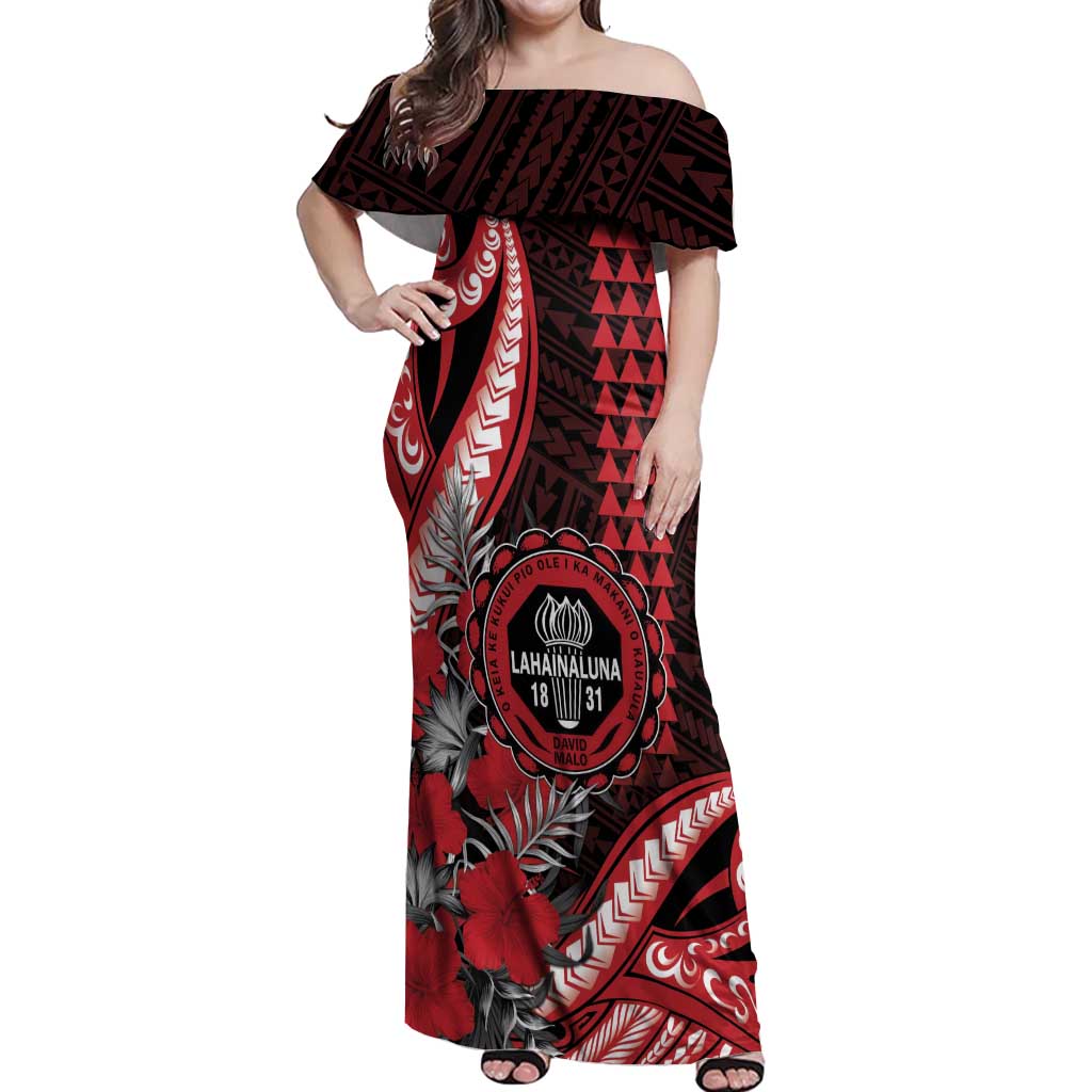 Personalized Hawaii Lahainaluna High School Off Shoulder Maxi Dress Tribal Tattoo With Hibiscus Flowers LT05 Women Red - Polynesian Pride