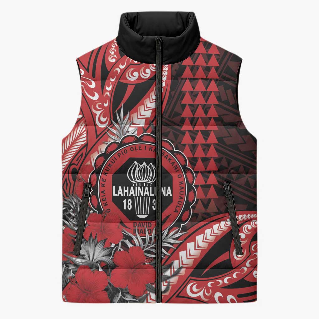 Personalized Hawaii Lahainaluna High School Sleeveless Puffer Jacket Tribal Tattoo With Hibiscus Flowers