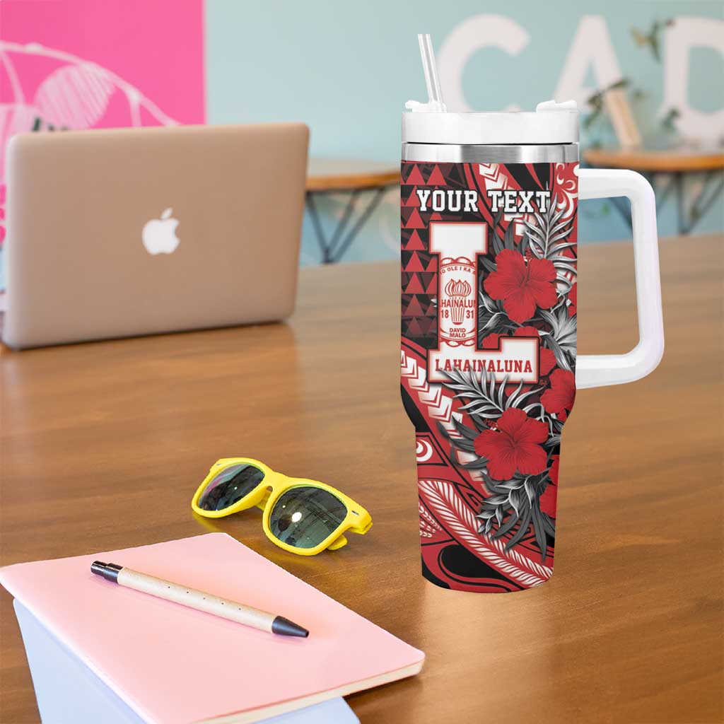 Personalized Hawaii Lahainaluna High School Tumbler With Handle Tribal Tattoo With Hibiscus Flowers