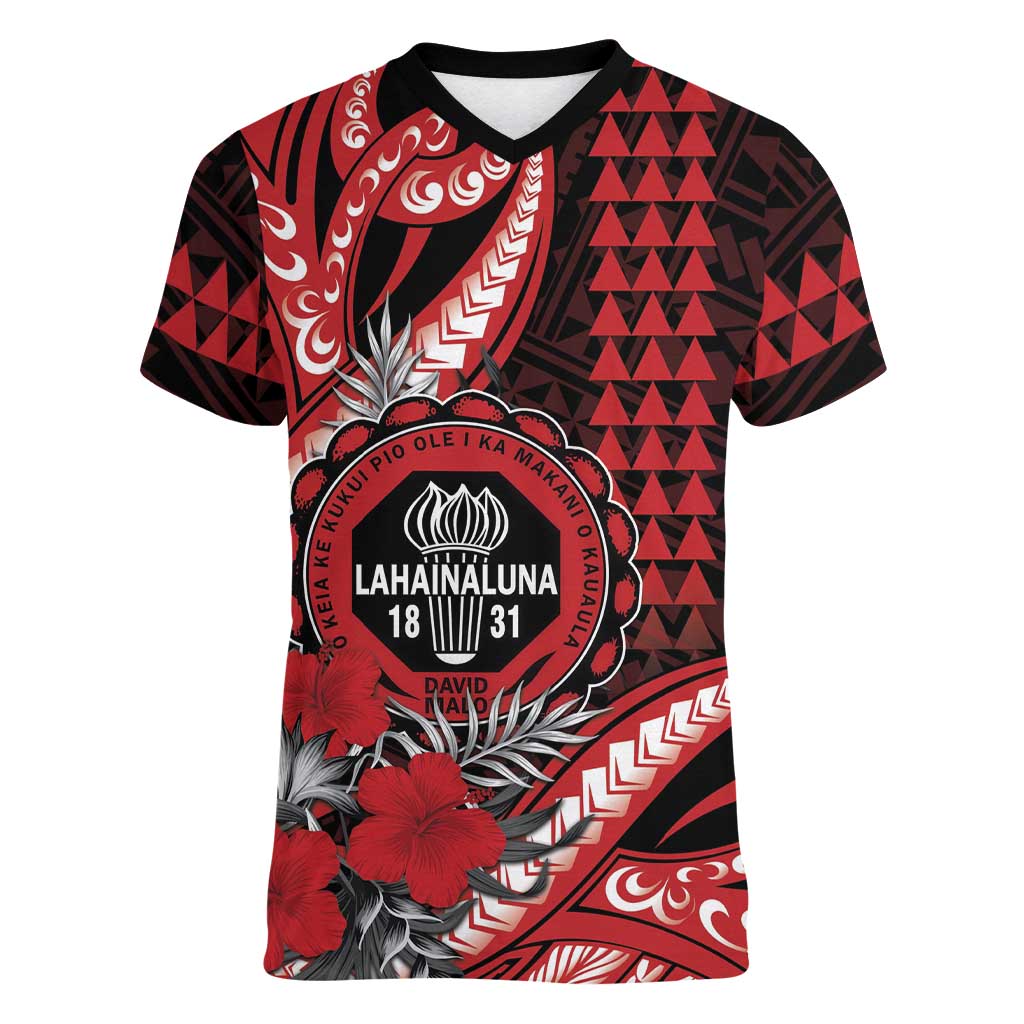 Personalized Hawaii Lahainaluna High School Women V-Neck T-Shirt Tribal Tattoo With Hibiscus Flowers LT05 Female Red - Polynesian Pride
