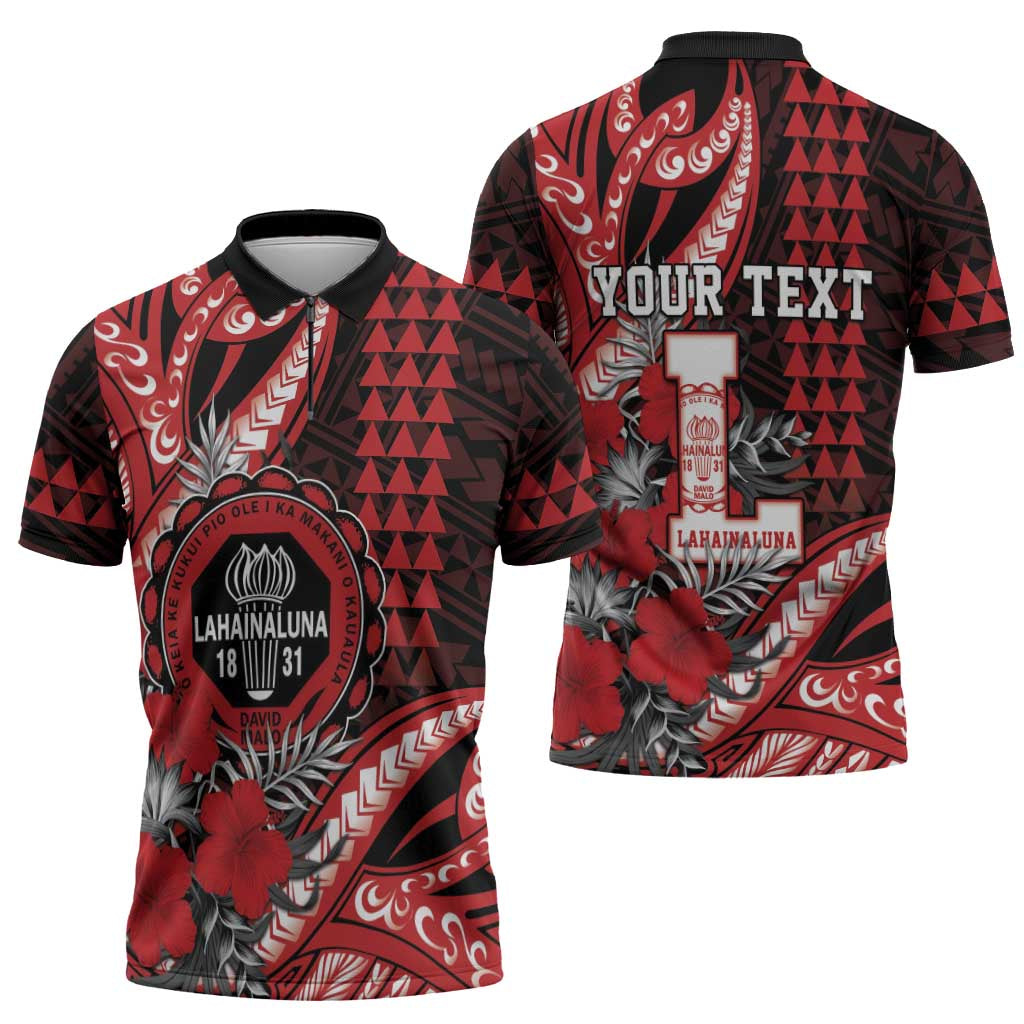 Personalized Hawaii Lahainaluna High School Zipper Polo Shirt Tribal Tattoo With Hibiscus Flowers LT05 - Polynesian Pride