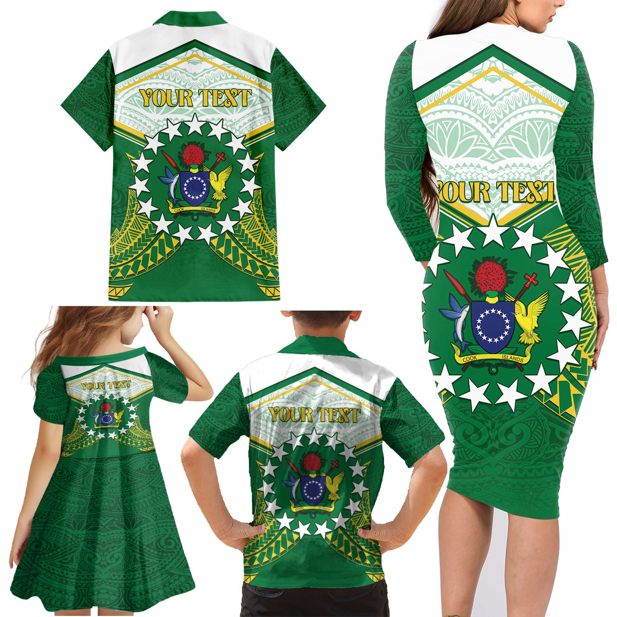 Personalised Cook Islands Ra o te Ui Ariki Family Matching Long Sleeve Bodycon Dress and Hawaiian Shirt Polynesian Pattern LT05 - Polynesian Pride