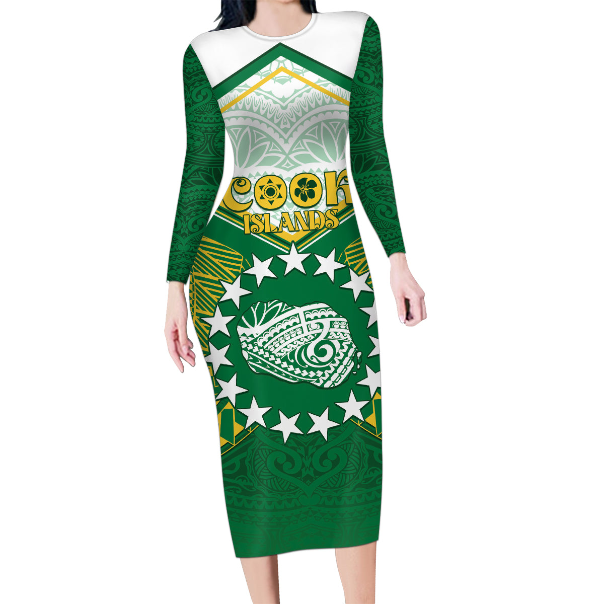Personalised Cook Islands Ra o te Ui Ariki Family Matching Long Sleeve Bodycon Dress and Hawaiian Shirt Polynesian Pattern LT05 Mom's Dress Green - Polynesian Pride