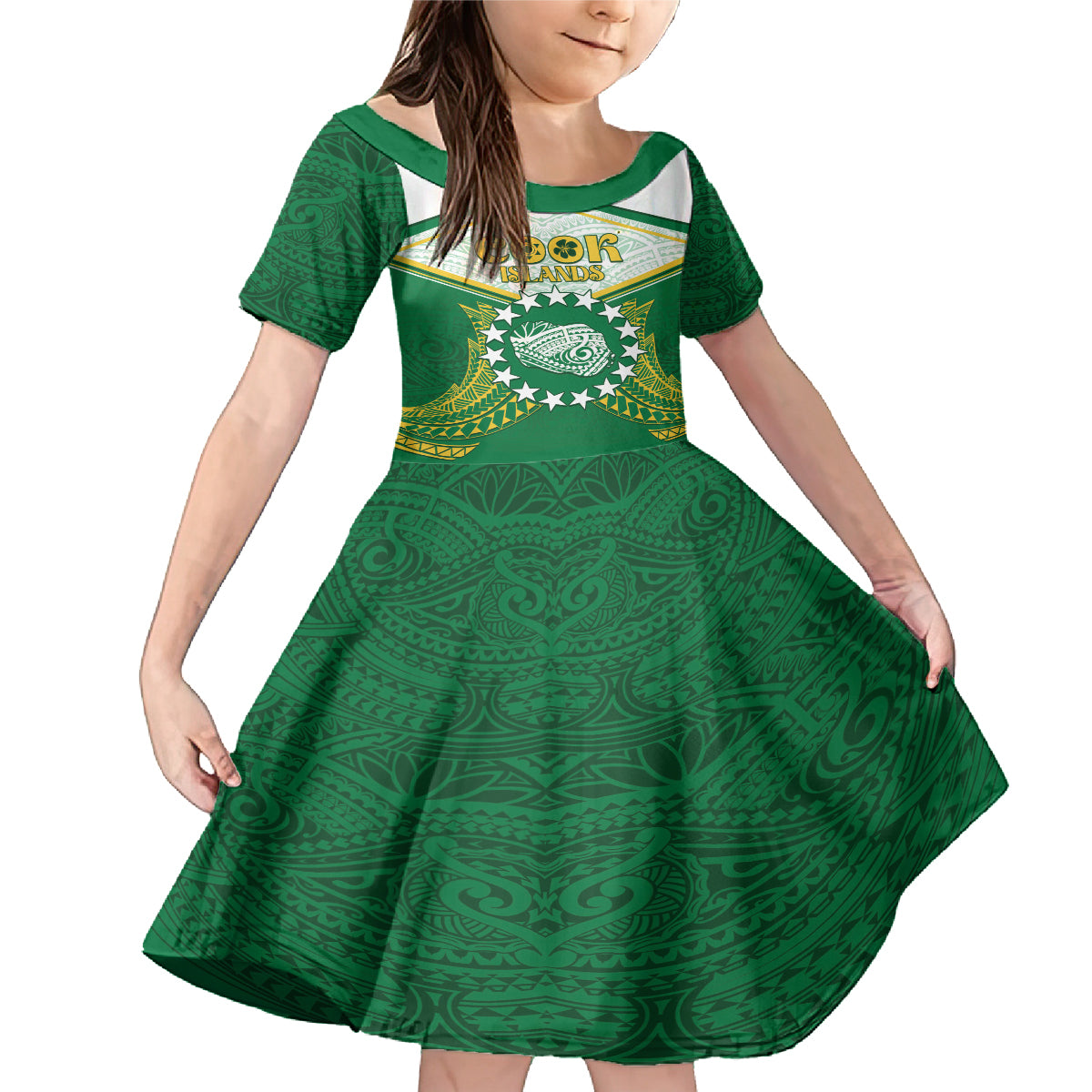Personalised Cook Islands Ra o te Ui Ariki Family Matching Mermaid Dress and Hawaiian Shirt Polynesian Pattern LT05 Daughter's Dress Green - Polynesian Pride