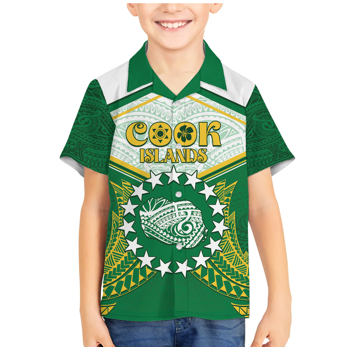 Personalised Cook Islands Ra o te Ui Ariki Family Matching Mermaid Dress and Hawaiian Shirt Polynesian Pattern LT05 Son's Shirt Green - Polynesian Pride