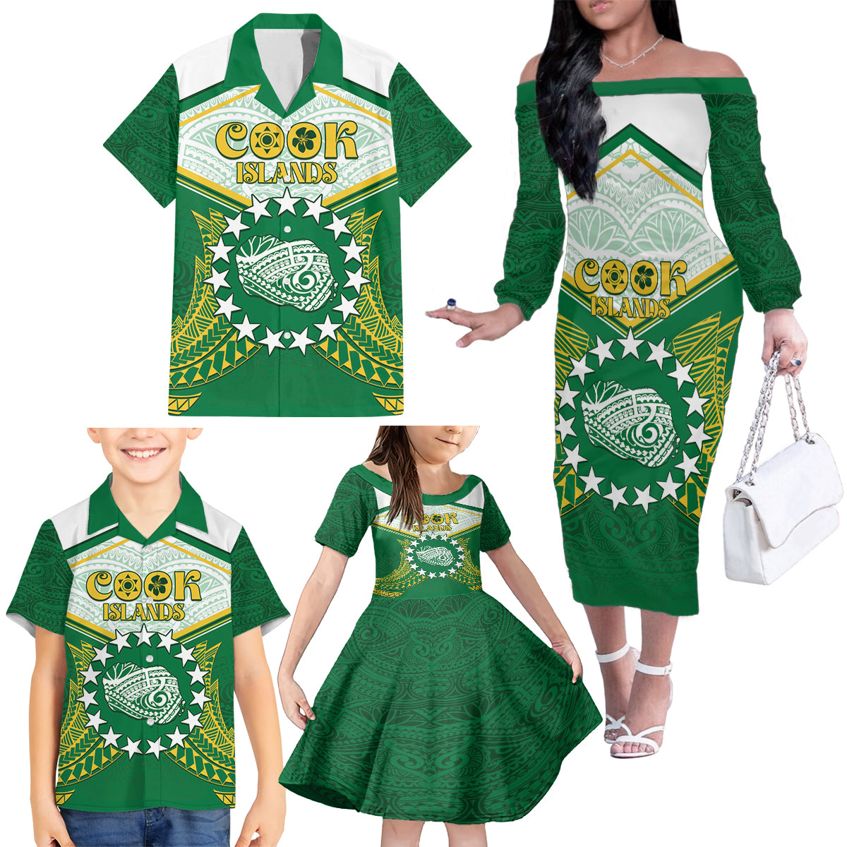 Personalised Cook Islands Ra o te Ui Ariki Family Matching Off The Shoulder Long Sleeve Dress and Hawaiian Shirt Polynesian Pattern LT05 - Polynesian Pride