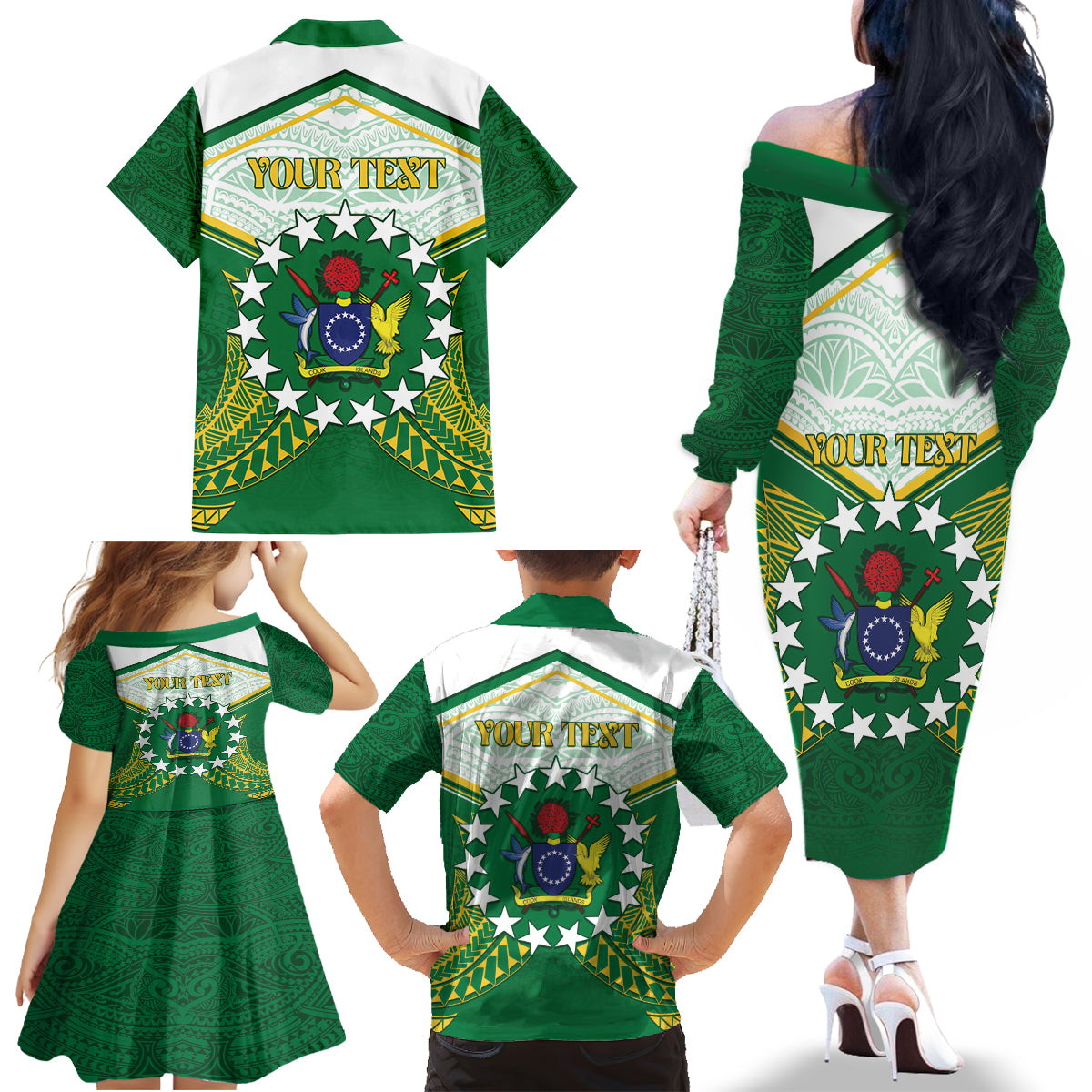 Personalised Cook Islands Ra o te Ui Ariki Family Matching Off The Shoulder Long Sleeve Dress and Hawaiian Shirt Polynesian Pattern LT05 - Polynesian Pride