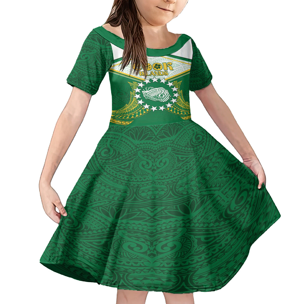 Personalised Cook Islands Ra o te Ui Ariki Family Matching Off Shoulder Maxi Dress and Hawaiian Shirt Polynesian Pattern LT05 Daughter's Dress Green - Polynesian Pride