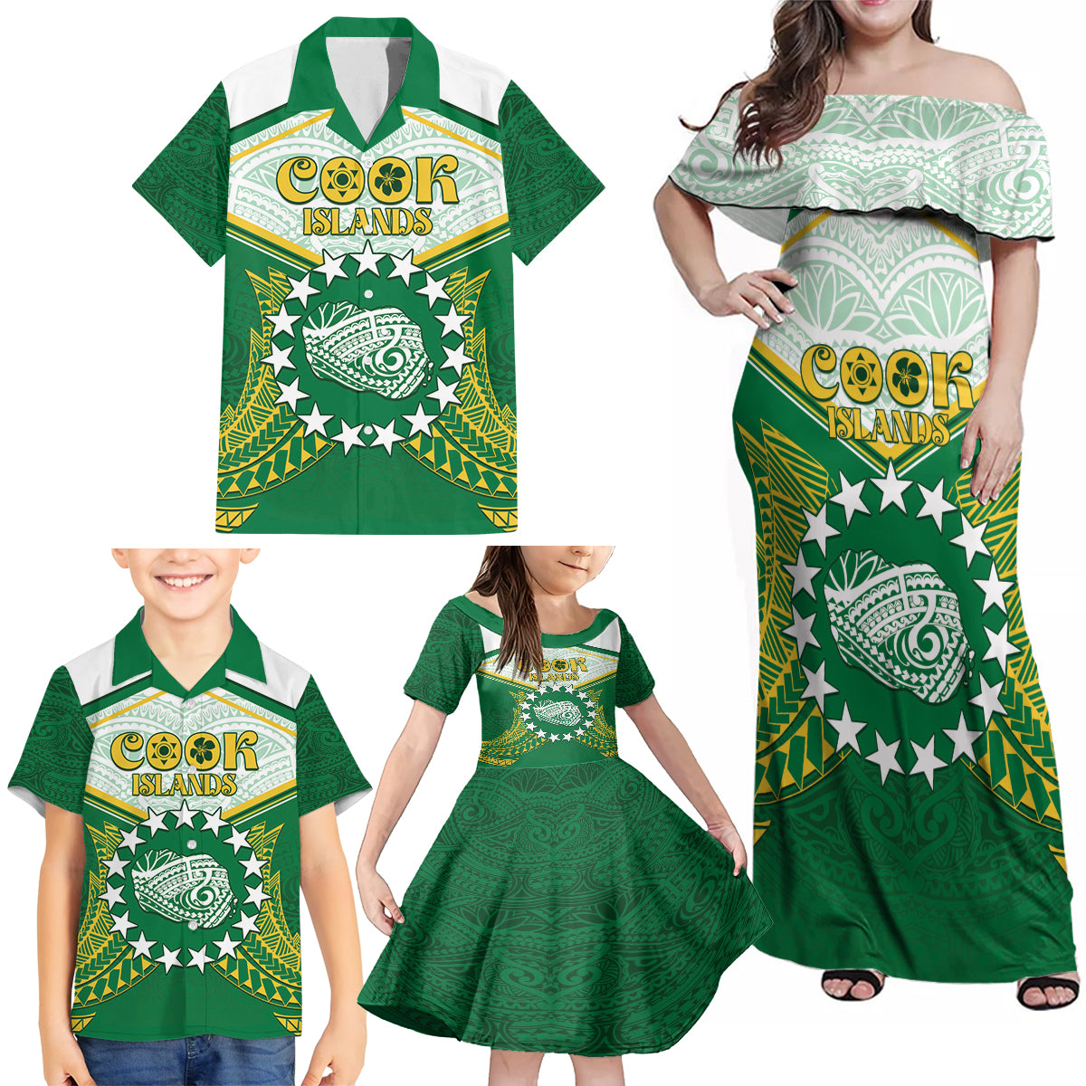 Personalised Cook Islands Ra o te Ui Ariki Family Matching Off Shoulder Maxi Dress and Hawaiian Shirt Polynesian Pattern LT05 - Polynesian Pride