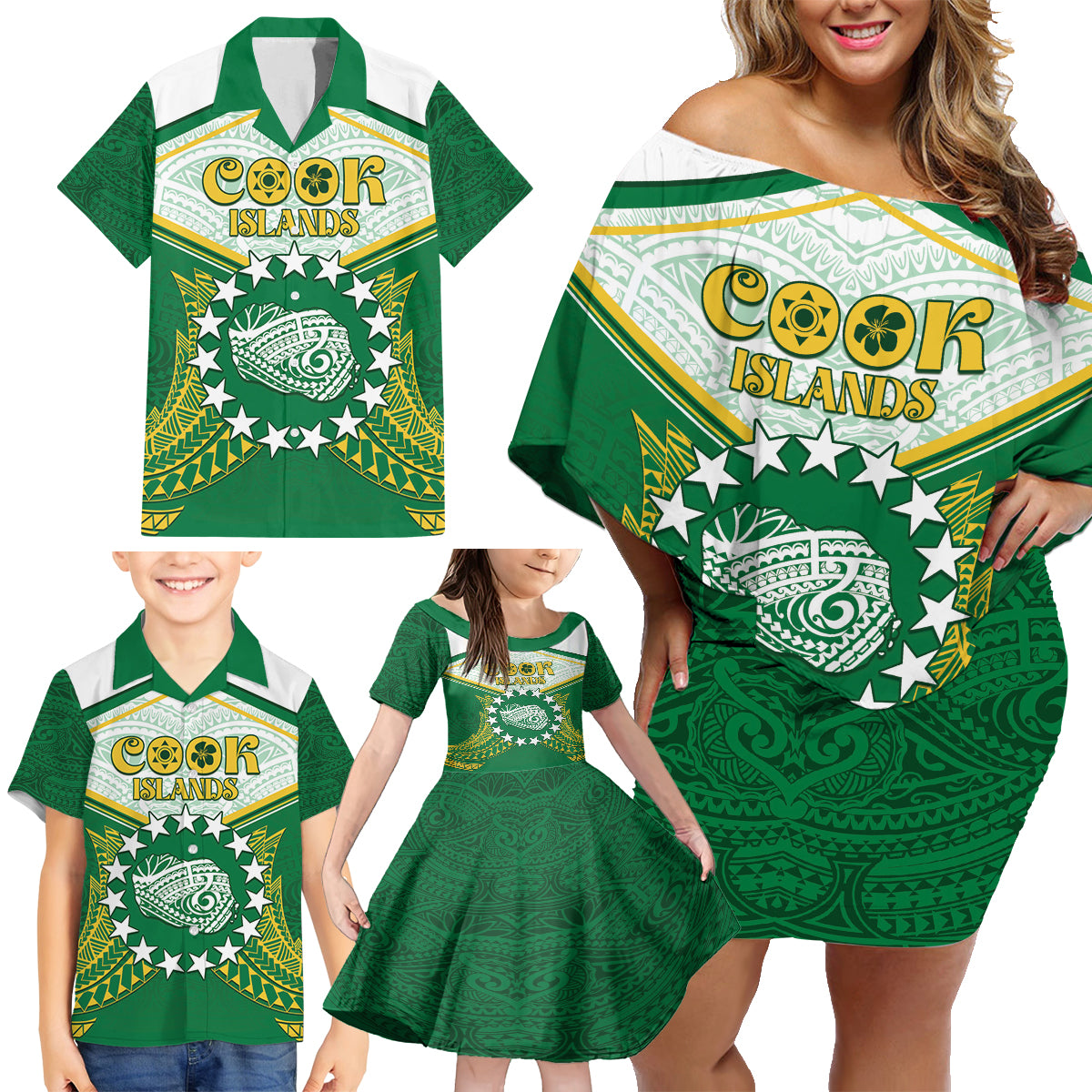 Personalised Cook Islands Ra o te Ui Ariki Family Matching Off Shoulder Short Dress and Hawaiian Shirt Polynesian Pattern LT05 - Polynesian Pride