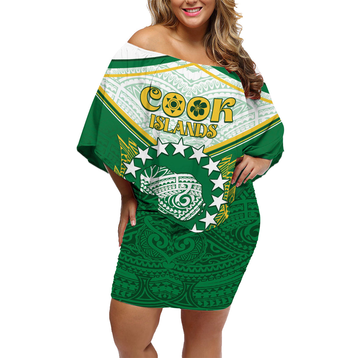 Personalised Cook Islands Ra o te Ui Ariki Family Matching Off Shoulder Short Dress and Hawaiian Shirt Polynesian Pattern LT05 Mom's Dress Green - Polynesian Pride