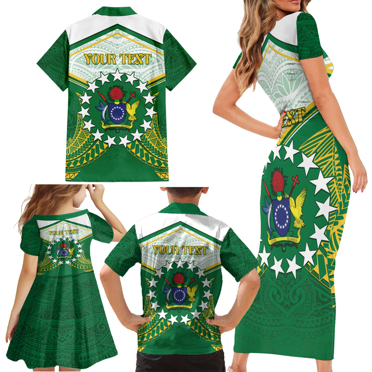 Personalised Cook Islands Ra o te Ui Ariki Family Matching Short Sleeve Bodycon Dress and Hawaiian Shirt Polynesian Pattern LT05 - Polynesian Pride
