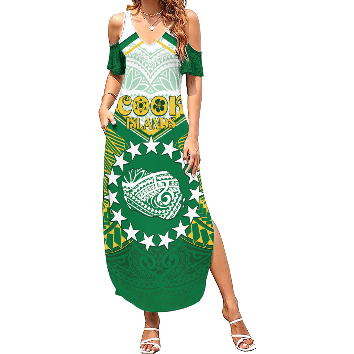 Personalised Cook Islands Ra o te Ui Ariki Family Matching Summer Maxi Dress and Hawaiian Shirt Polynesian Pattern LT05 Mom's Dress Green - Polynesian Pride