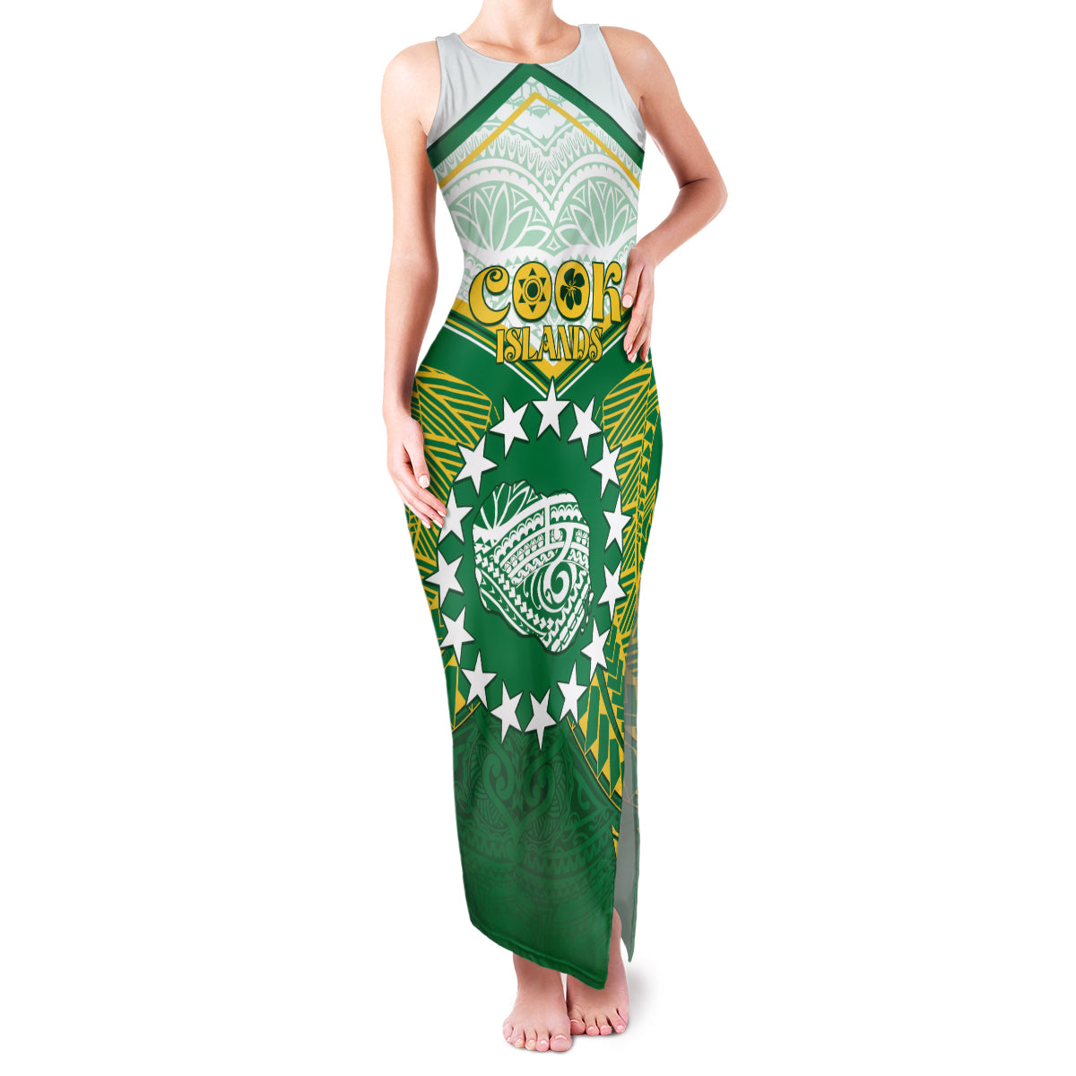 Personalised Cook Islands Ra o te Ui Ariki Family Matching Tank Maxi Dress and Hawaiian Shirt Polynesian Pattern LT05 Mom's Dress Green - Polynesian Pride