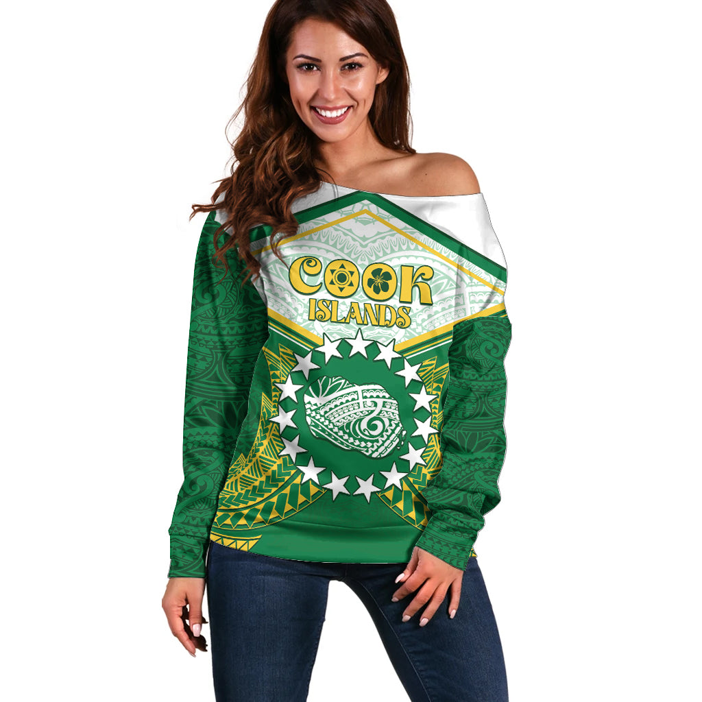 Personalised Cook Islands Ra o te Ui Ariki Off Shoulder Sweater Polynesian Pattern LT05 Women Green - Polynesian Pride
