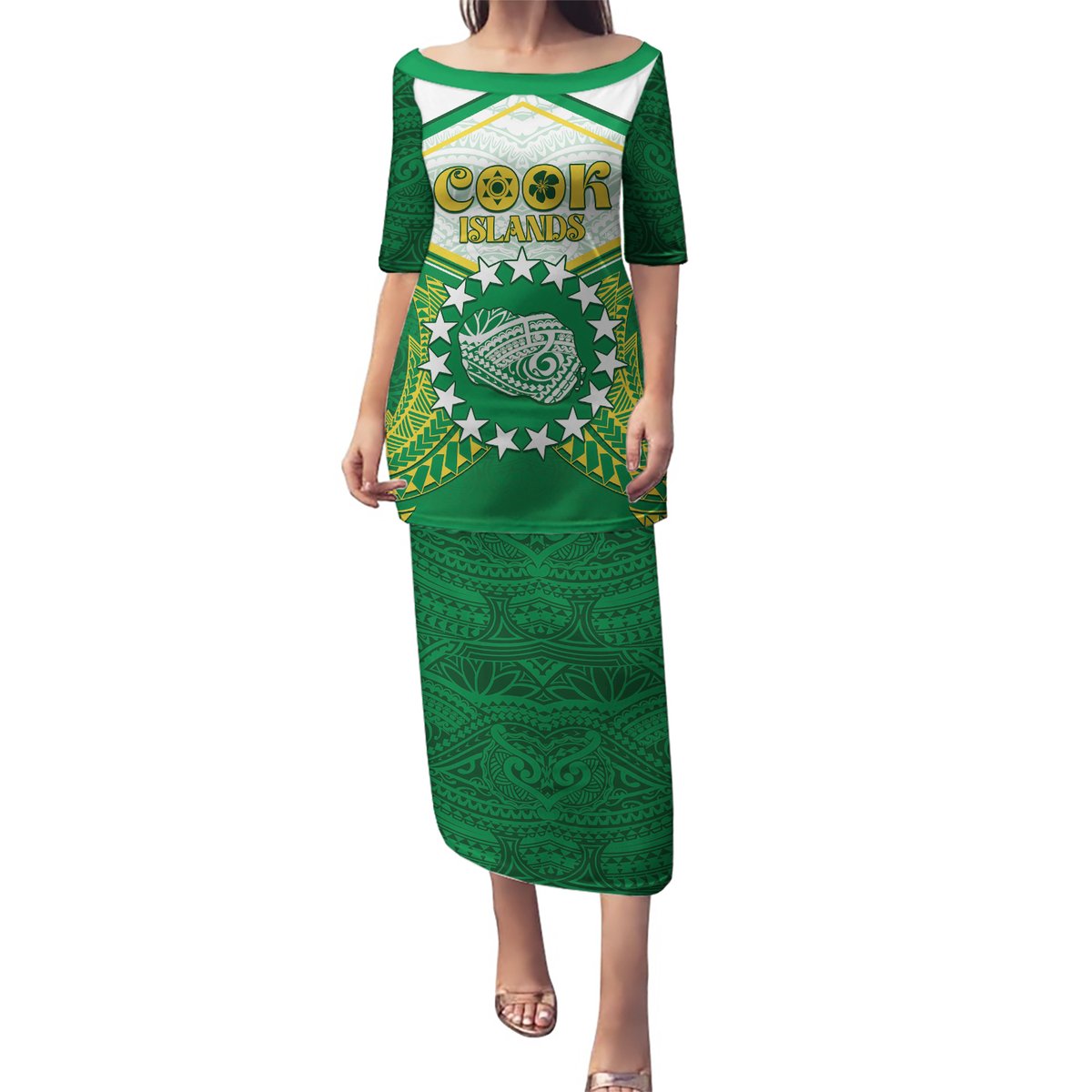 Personalised Cook Islands Ra o te Ui Ariki Puletasi Polynesian Pattern LT05 Long Dress Green - Polynesian Pride
