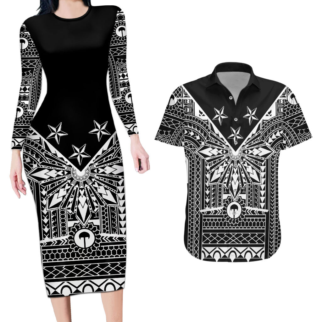 Black Philippines Sun Star Couples Matching Long Sleeve Bodycon Dress and Hawaiian Shirt Igorot Tribal Inspiration LT05 Black - Polynesian Pride