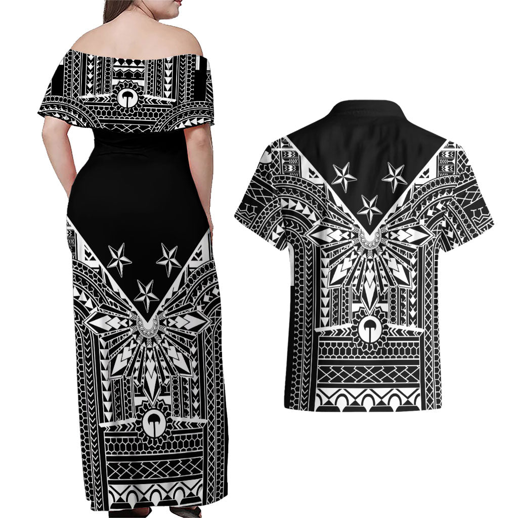 Black Philippines Sun Star Couples Matching Off Shoulder Maxi Dress and Hawaiian Shirt Igorot Tribal Inspiration LT05 - Polynesian Pride