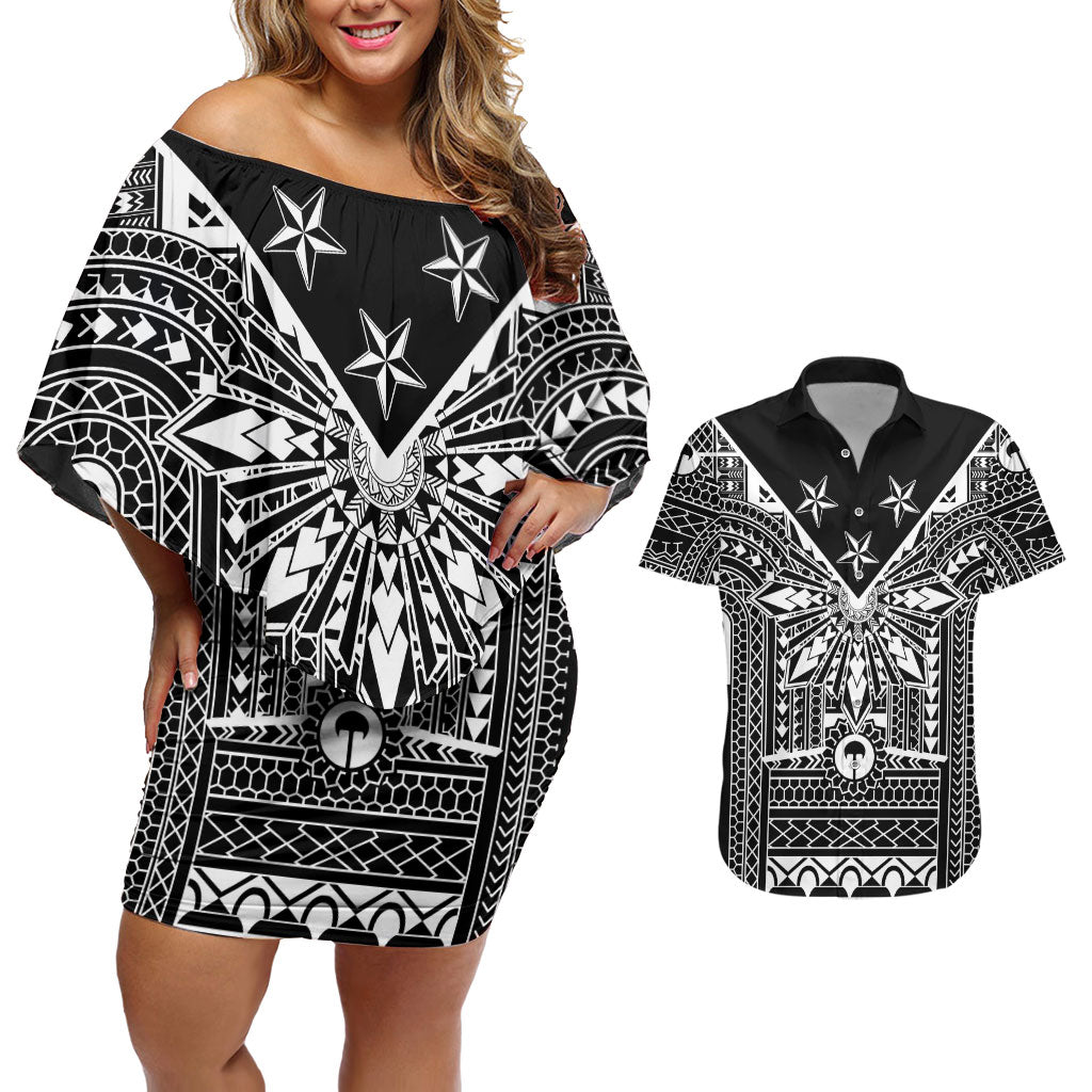 Black Philippines Sun Star Couples Matching Off Shoulder Short Dress and Hawaiian Shirt Igorot Tribal Inspiration LT05 Black - Polynesian Pride