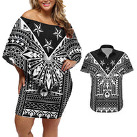 Black Philippines Sun Star Couples Matching Off Shoulder Short Dress and Hawaiian Shirt Igorot Tribal Inspiration LT05 Black - Polynesian Pride