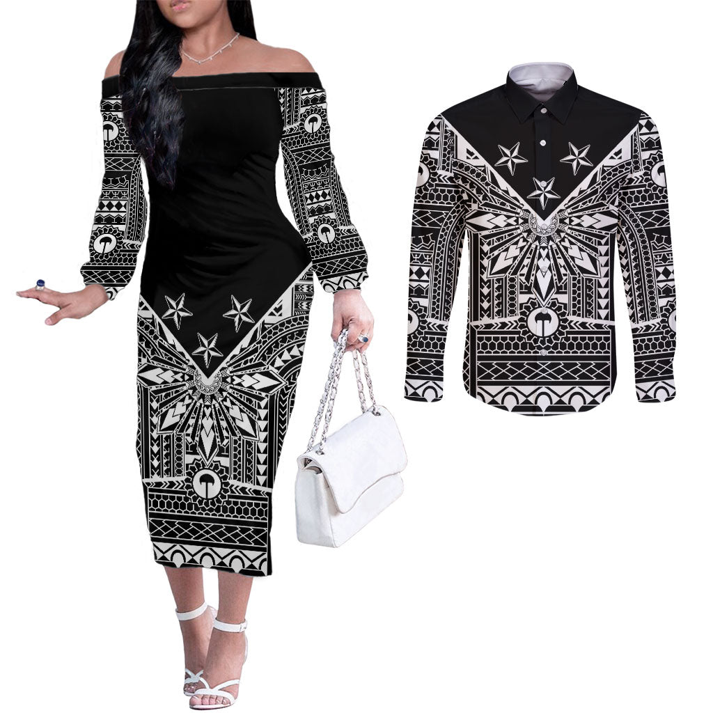 Black Philippines Sun Star Couples Matching Off The Shoulder Long Sleeve Dress and Long Sleeve Button Shirt Igorot Tribal Inspiration LT05 Black - Polynesian Pride