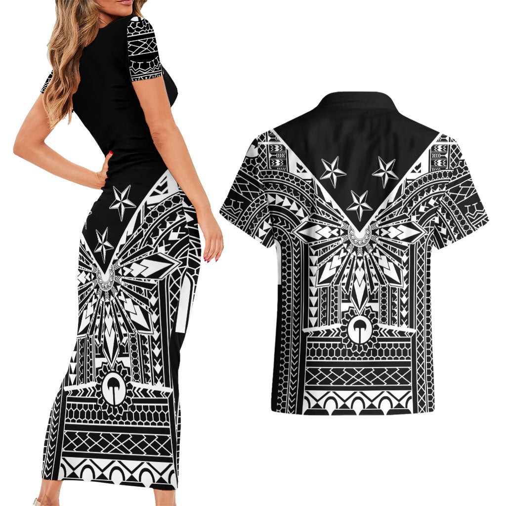 Black Philippines Sun Star Couples Matching Short Sleeve Bodycon Dress and Hawaiian Shirt Igorot Tribal Inspiration LT05 - Polynesian Pride
