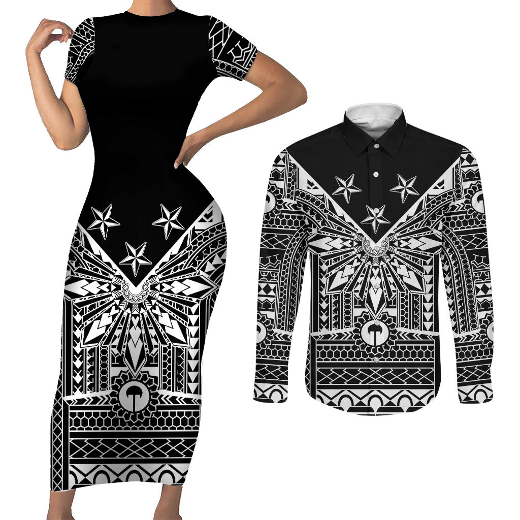 Black Philippines Sun Star Couples Matching Short Sleeve Bodycon Dress and Long Sleeve Button Shirt Igorot Tribal Inspiration LT05 Black - Polynesian Pride