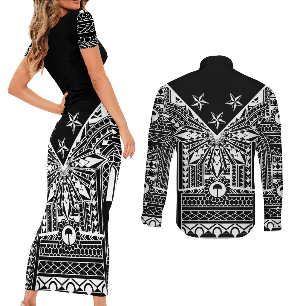 Black Philippines Sun Star Couples Matching Short Sleeve Bodycon Dress and Long Sleeve Button Shirt Igorot Tribal Inspiration LT05 - Polynesian Pride