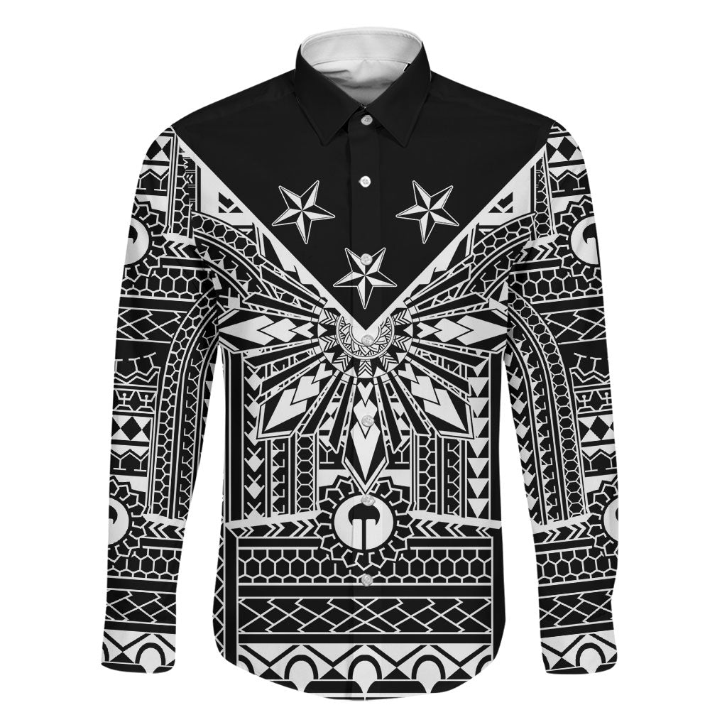 Black Philippines Sun Star Family Matching Off The Shoulder Long Sleeve Dress and Hawaiian Shirt Igorot Tribal Inspiration LT05 Dad's Shirt - Long Sleeve Black - Polynesian Pride