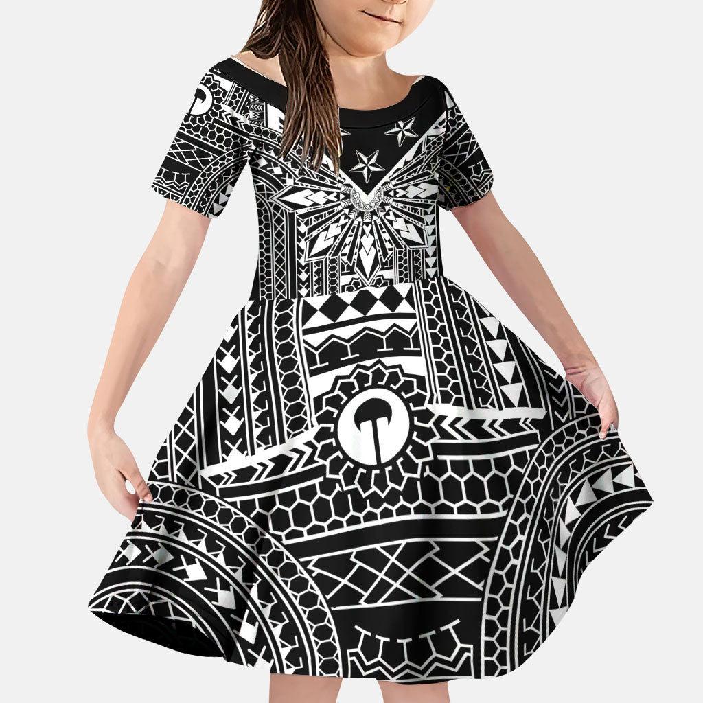 Black Philippines Sun Star Family Matching Off Shoulder Maxi Dress and Hawaiian Shirt Igorot Tribal Inspiration LT05 Daughter's Dress Black - Polynesian Pride
