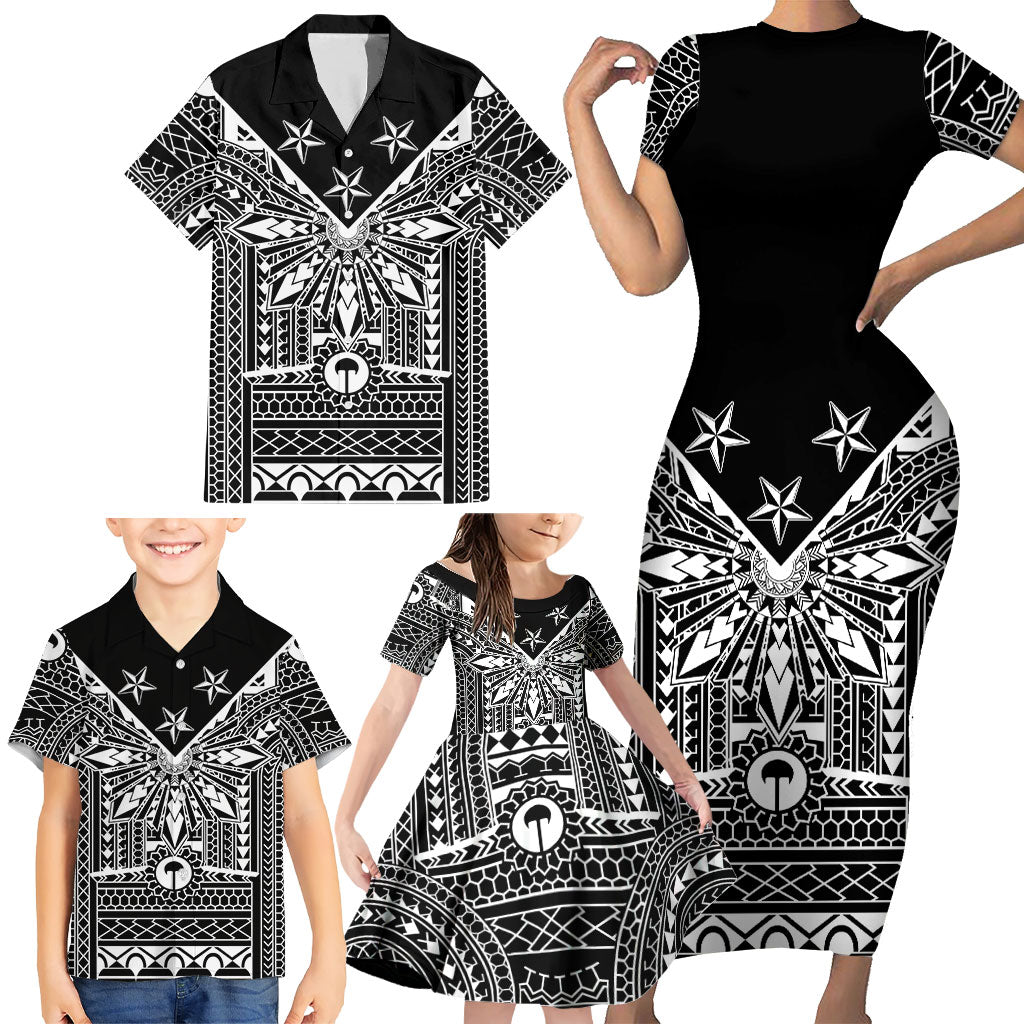 Black Philippines Sun Star Family Matching Short Sleeve Bodycon Dress and Hawaiian Shirt Igorot Tribal Inspiration LT05 - Polynesian Pride