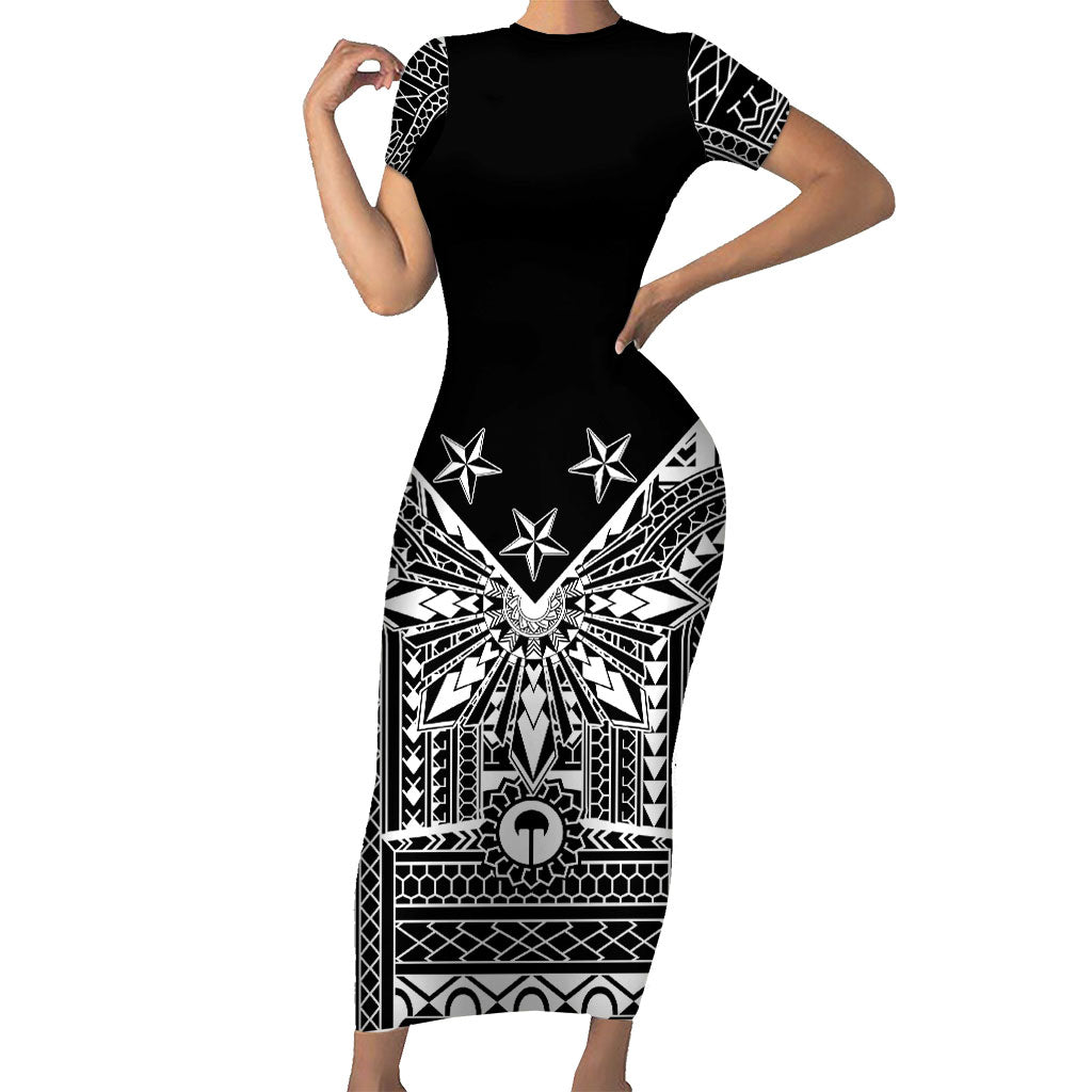 Black Philippines Sun Star Short Sleeve Bodycon Dress Igorot Tribal Inspiration LT05 Long Dress Black - Polynesian Pride