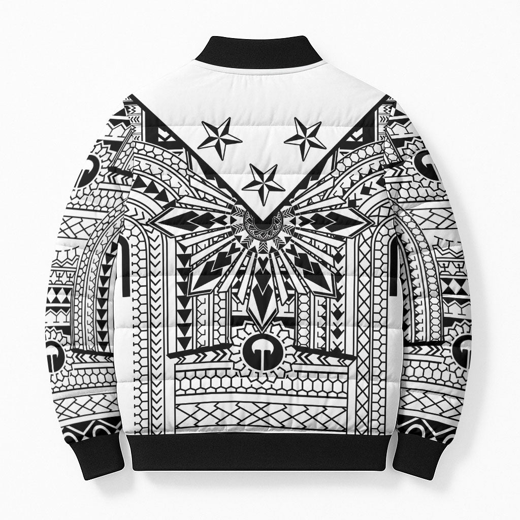 White Philippines Sun Star Bomber Puffer Jacket Igorot Tribal Inspiration