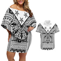 White Philippines Sun Star Couples Matching Off Shoulder Short Dress and Hawaiian Shirt Igorot Tribal Inspiration LT05 White - Polynesian Pride