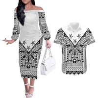 White Philippines Sun Star Couples Matching Off The Shoulder Long Sleeve Dress and Hawaiian Shirt Igorot Tribal Inspiration LT05 White - Polynesian Pride